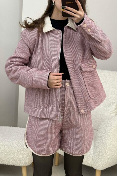 SET XHAKETE+PANTALLONA TE SHKURTA ME VIJA PER FEMRA NE NGJYRE PUDER - 3