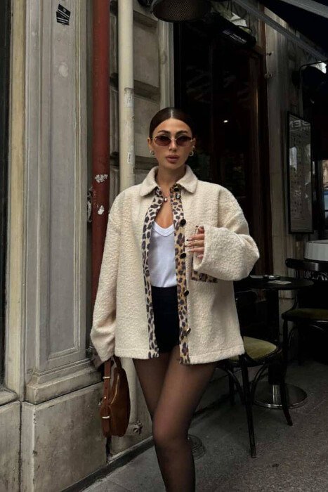 SHEEP SKIN AND LEO DETAILS WOMEN JACKET CREAM/KREM - KLAUDIO FASHION