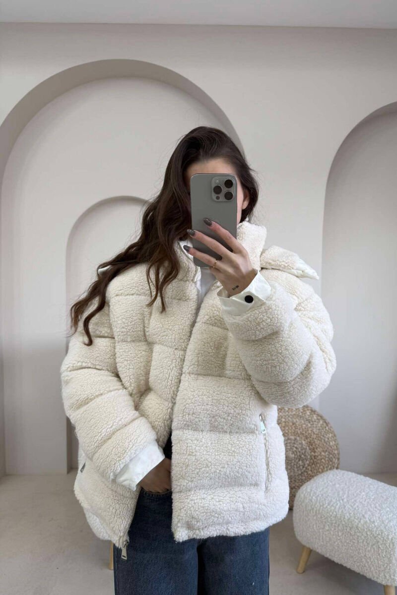 SHEEPSKIN HOOD WOMEN JACKET CREAM/KREM - 5