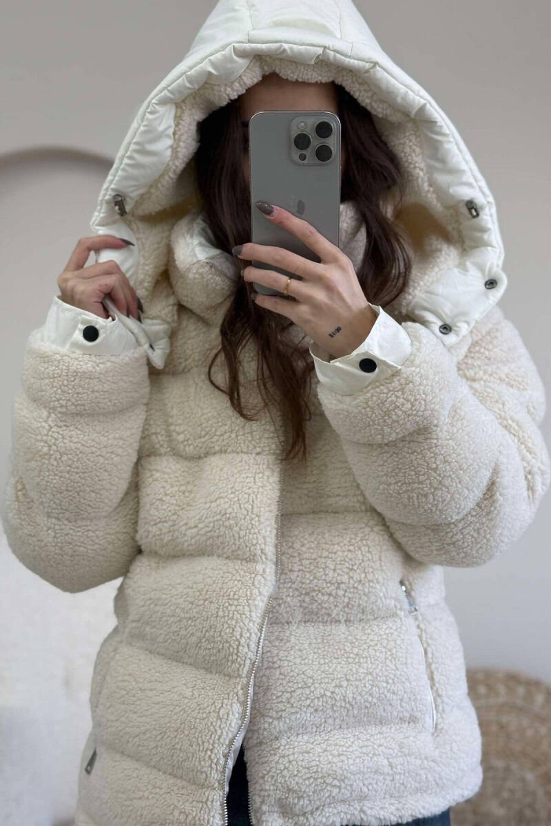 SHEEPSKIN HOOD WOMEN JACKET CREAM/KREM - 6