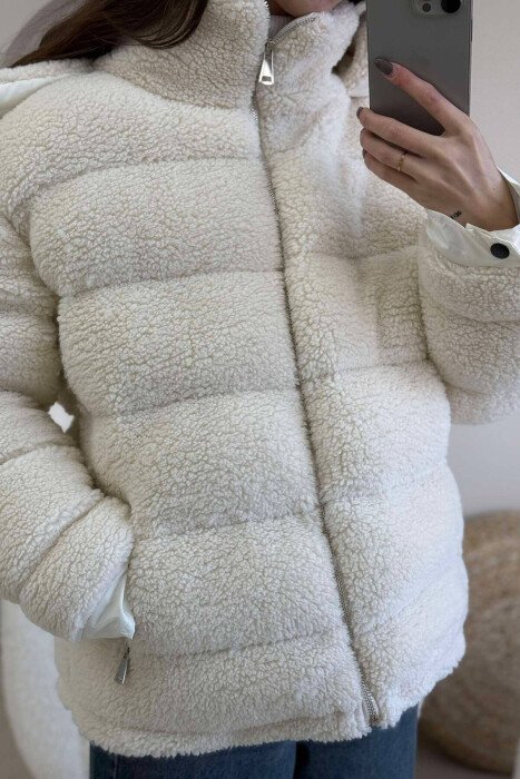 SHEEPSKIN HOOD WOMEN JACKET CREAM/KREM - 8