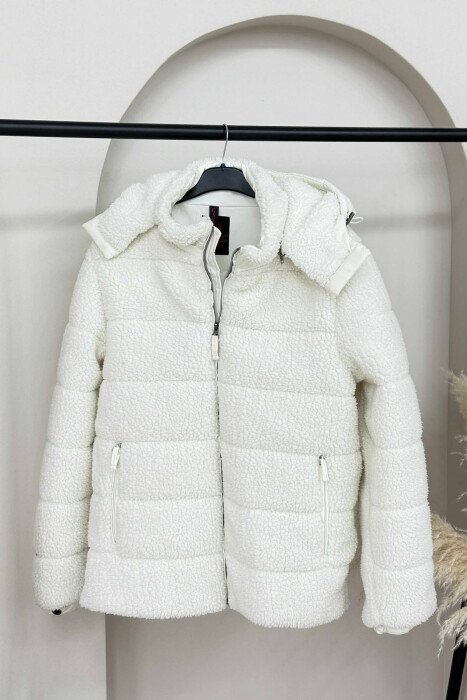SHEEPSKIN ONE COLOR HOODED WOMEN JACKET WHITE-E BARDHE - KLAUDIO FASHION