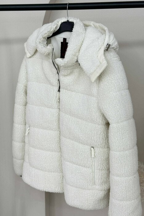SHEEPSKIN ONE COLOR HOODED WOMEN JACKET WHITE-E BARDHE - 3