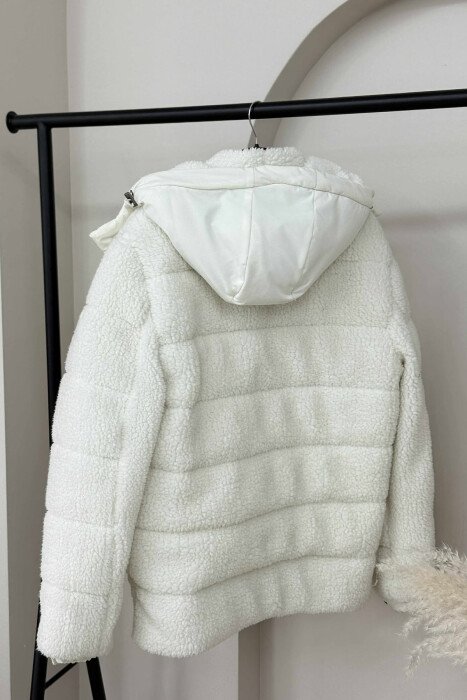 SHEEPSKIN ONE COLOR HOODED WOMEN JACKET WHITE-E BARDHE - 4