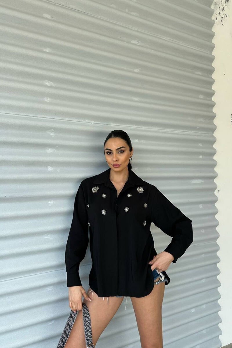 SHINNY FLOWER DETAILS ONE COLOR WOMEN SHIRT BLACK/ E ZEZE - 2