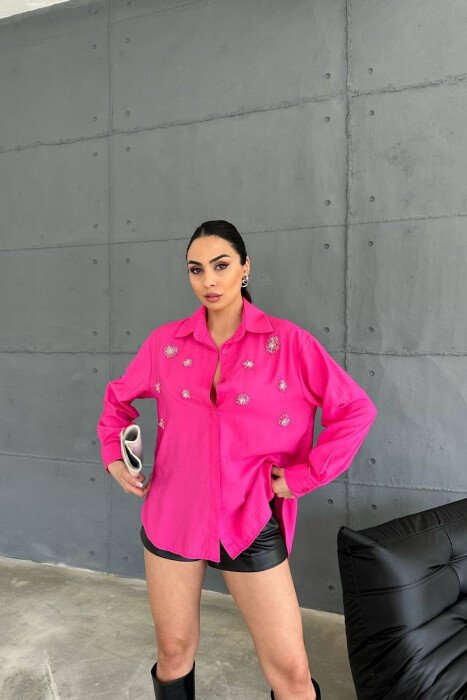 SHINNY FLOWER DETAILS ONE COLOR WOMEN SHIRT FUCHSIA/CIKLAMI - 1