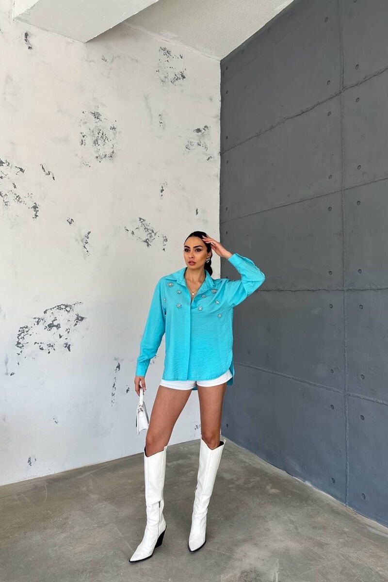 SHINNY FLOWER DETAILS ONE COLOR WOMEN SHIRT LIGHTBLUE/BZ - 1