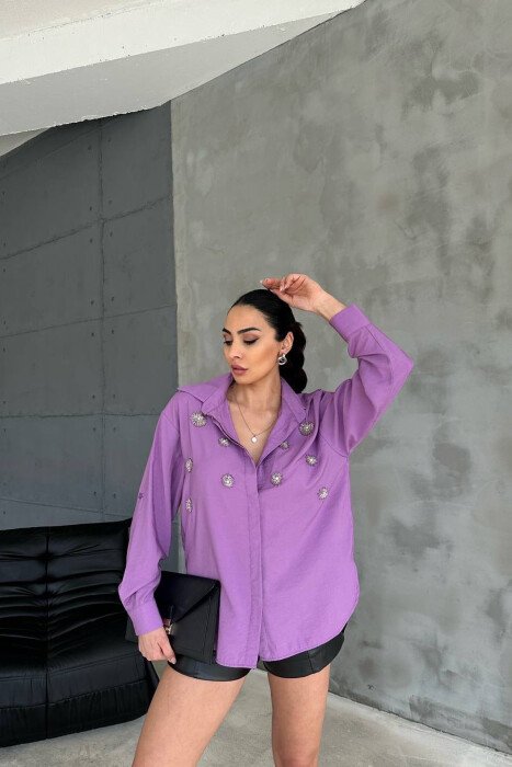 SHINNY FLOWER DETAILS ONE COLOR WOMEN SHIRT PURPLE/LEJLA - KLAUDIO FASHION