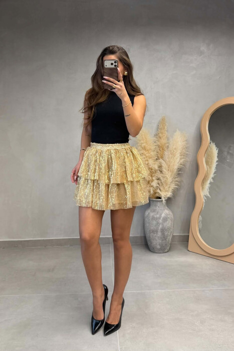 SHINY SEQUIN SHORT WOMAN SKIRT GOLDEN ROD/GOLD - KLAUDIO FASHION
