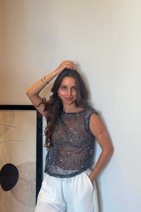 SHINNY SEQUIN MESH WOMEN TANK TOP BLACK/ E ZEZE - 3