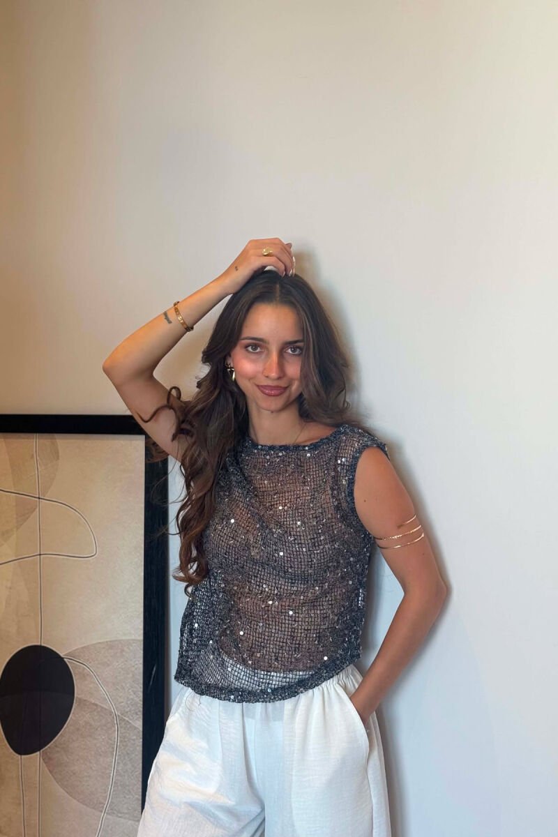 SHINNY SEQUIN MESH WOMEN TANK TOP BLACK/ E ZEZE - 3