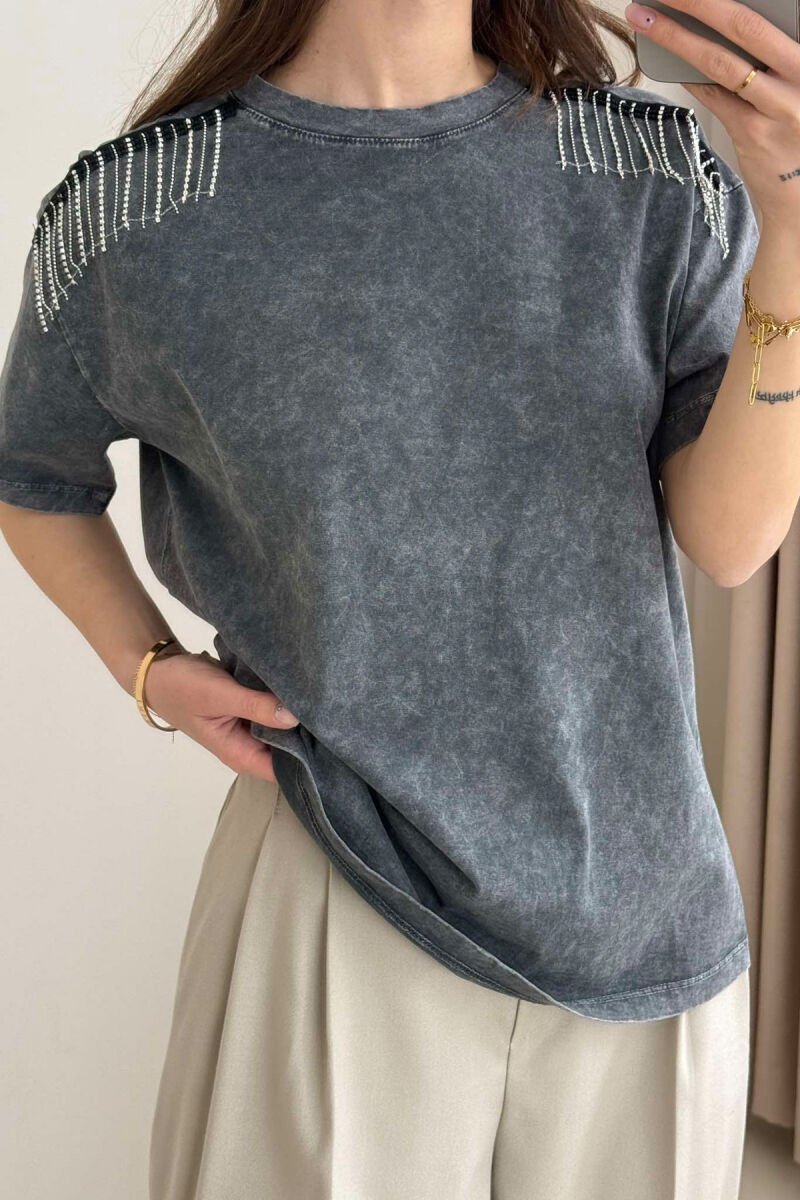 SHINNY STONES DETAIL SIMPLE WOMEN T-SHIRT GREY/GRI - 2