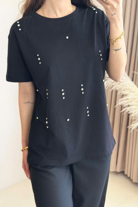 SHINNY STONES DETAILS ONE COLOR WOMEN T-SHIRT BLACK/ E ZEZE - 12