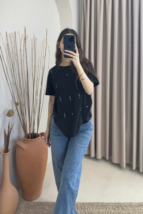 SHINNY STONES DETAILS ONE COLOR WOMEN T-SHIRT BLACK/ E ZEZE - 1