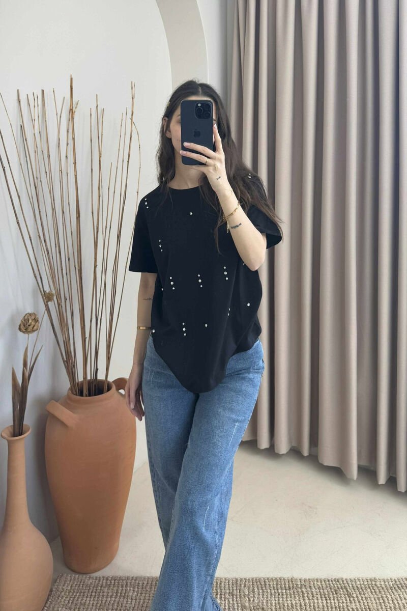 SHINNY STONES DETAILS ONE COLOR WOMEN T-SHIRT BLACK/ E ZEZE - 1