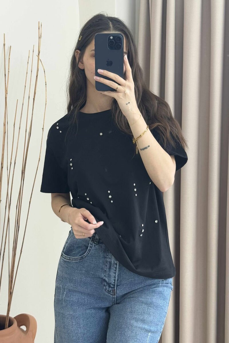 SHINNY STONES DETAILS ONE COLOR WOMEN T-SHIRT BLACK/ E ZEZE - 2