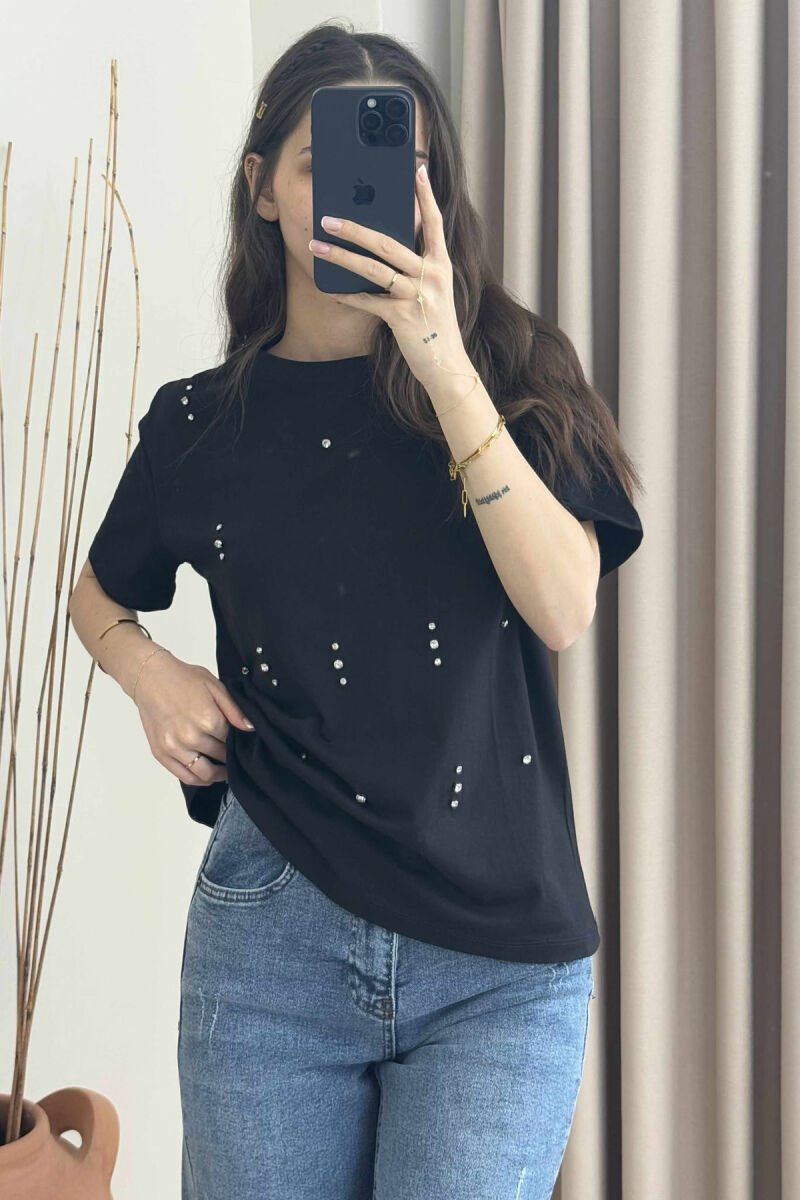 SHINNY STONES DETAILS ONE COLOR WOMEN T-SHIRT BLACK/ E ZEZE - 3