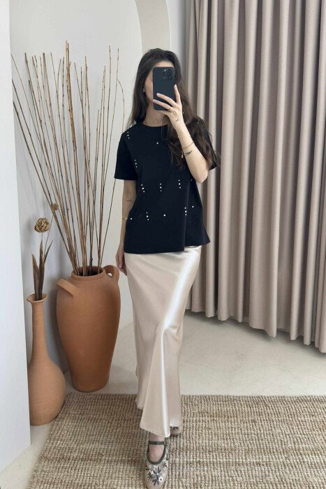 SHINNY STONES DETAILS ONE COLOR WOMEN T-SHIRT BLACK/ E ZEZE - 6