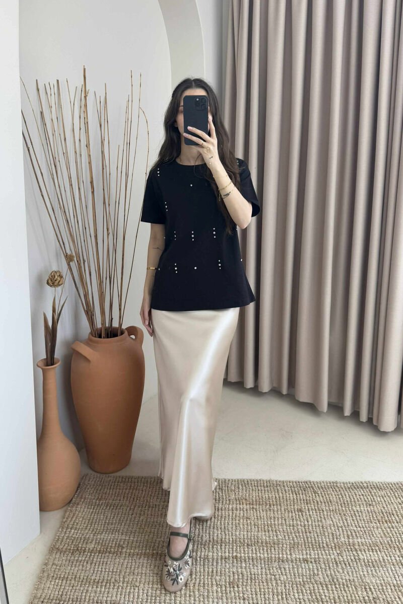 SHINNY STONES DETAILS ONE COLOR WOMEN T-SHIRT BLACK/ E ZEZE - 7