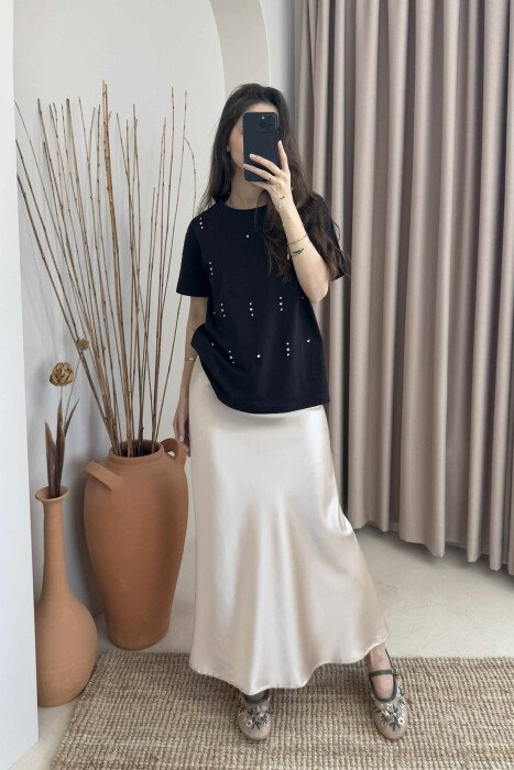 SHINNY STONES DETAILS ONE COLOR WOMEN T-SHIRT BLACK/ E ZEZE - 8
