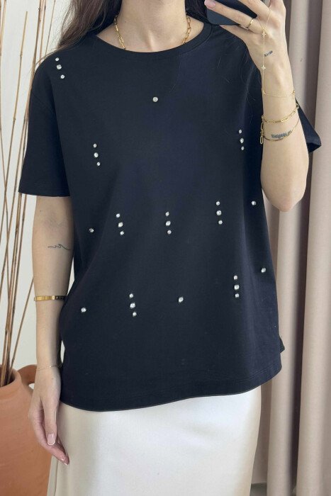 SHINNY STONES DETAILS ONE COLOR WOMEN T-SHIRT BLACK/ E ZEZE - 9