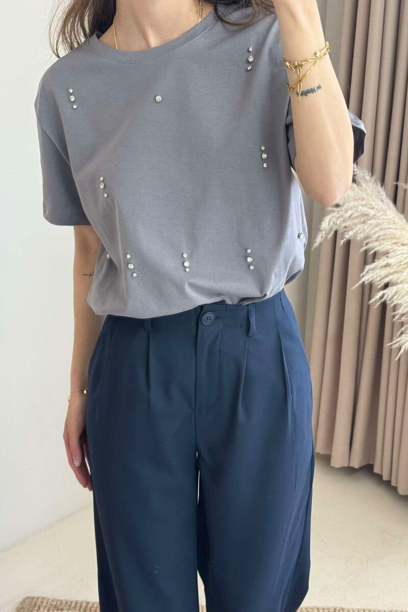 SHINNY STONES DETAILS ONE COLOR WOMEN T-SHIRT GREY/GRI - 4