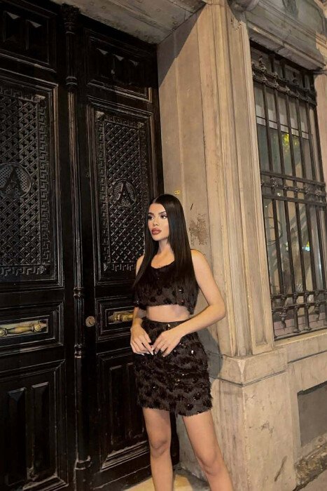 SHINY CROP TOP +SKIRT WOMAN TWO PIECE SET BLACK/ E ZEZE 