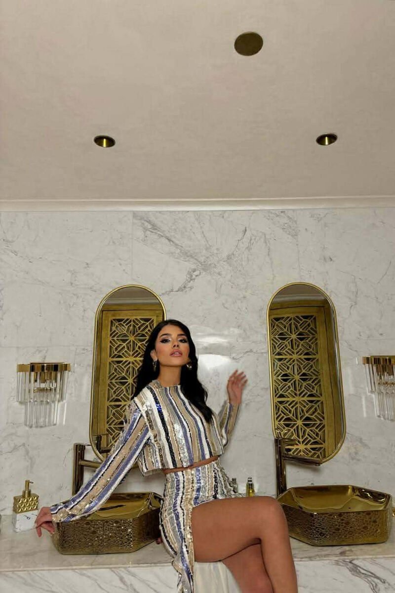 SHINY CROP TOP + SKIRT WOMWN TWO PIECE SET BLUE/BLU - 3