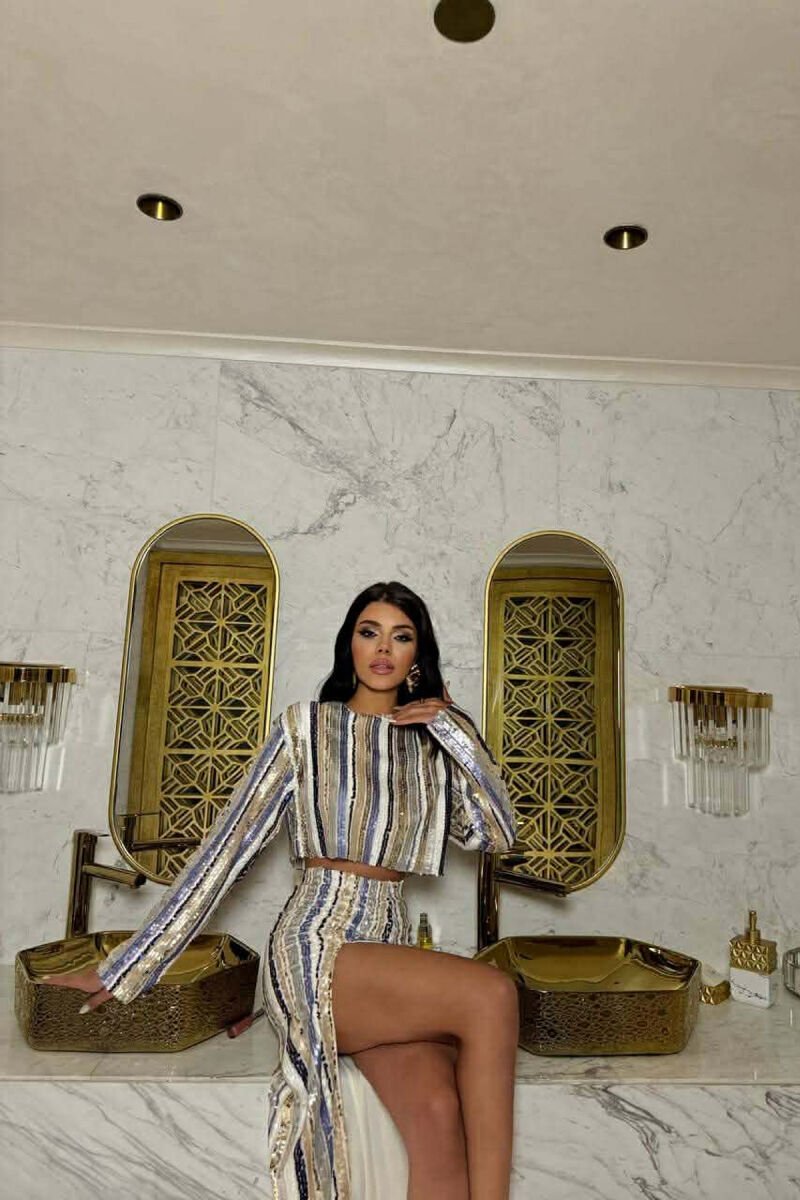 SHINY CROP TOP + SKIRT WOMWN TWO PIECE SET BLUE/BLU - 5