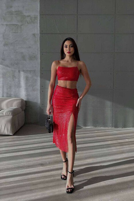SHINY CROP+SKIRT WOMEN SET RED/E KUQE - KLAUDIO FASHION