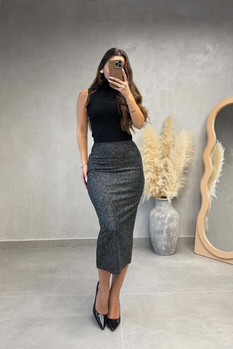 SHINY CUT OPEN ONE COLOR WOMAN SKIRT BLACK/ E ZEZE - 