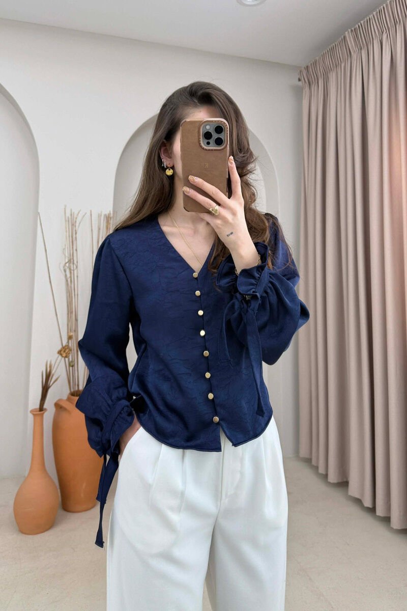 SHINY GOLD BUTTONS WOMAN SHIRT DARK BLUE/BEE - 1
