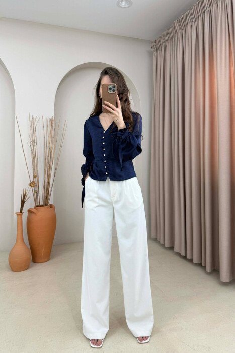 SHINY GOLD BUTTONS WOMAN SHIRT DARK BLUE/BEE - 2