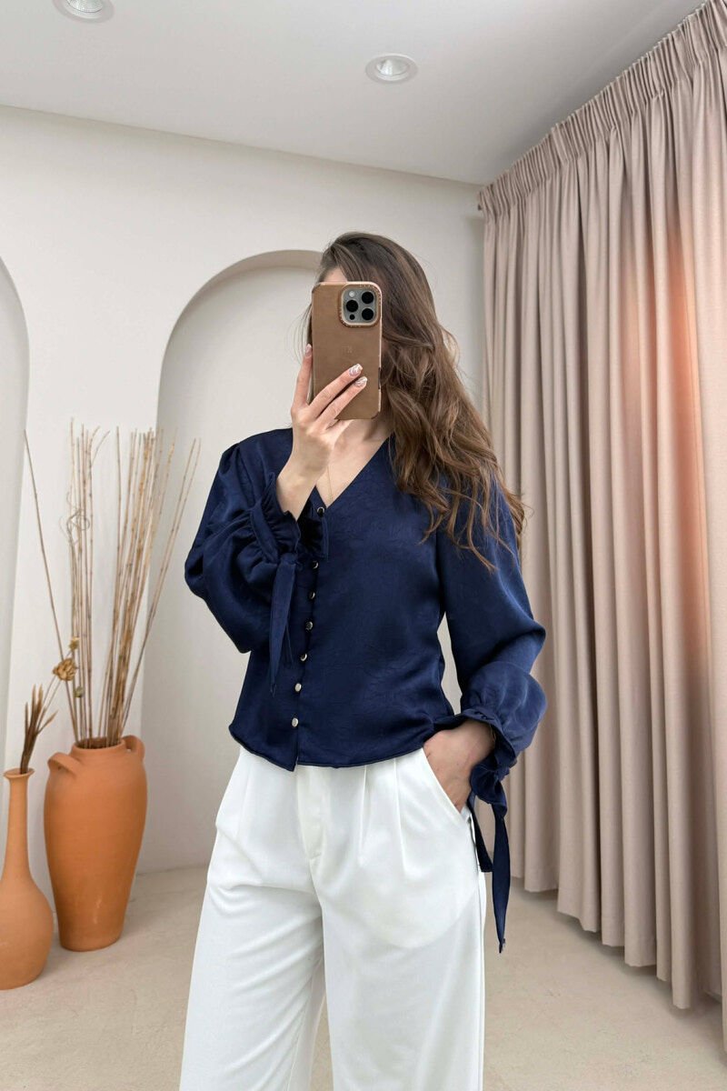 SHINY GOLD BUTTONS WOMAN SHIRT DARK BLUE/BEE - 3