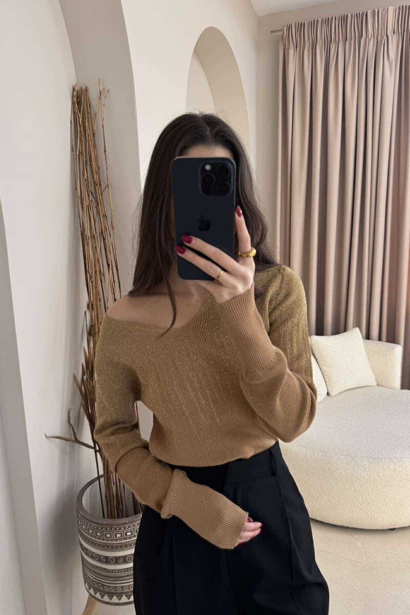 SHINY MATERIAL SIMPLE WOMEN SWEATER BEIGE/BEZHE - 1