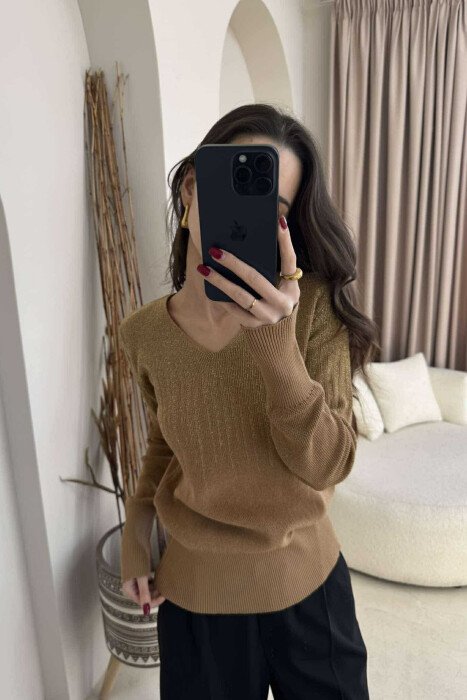 SHINY MATERIAL SIMPLE WOMEN SWEATER BEIGE/BEZHE - 3