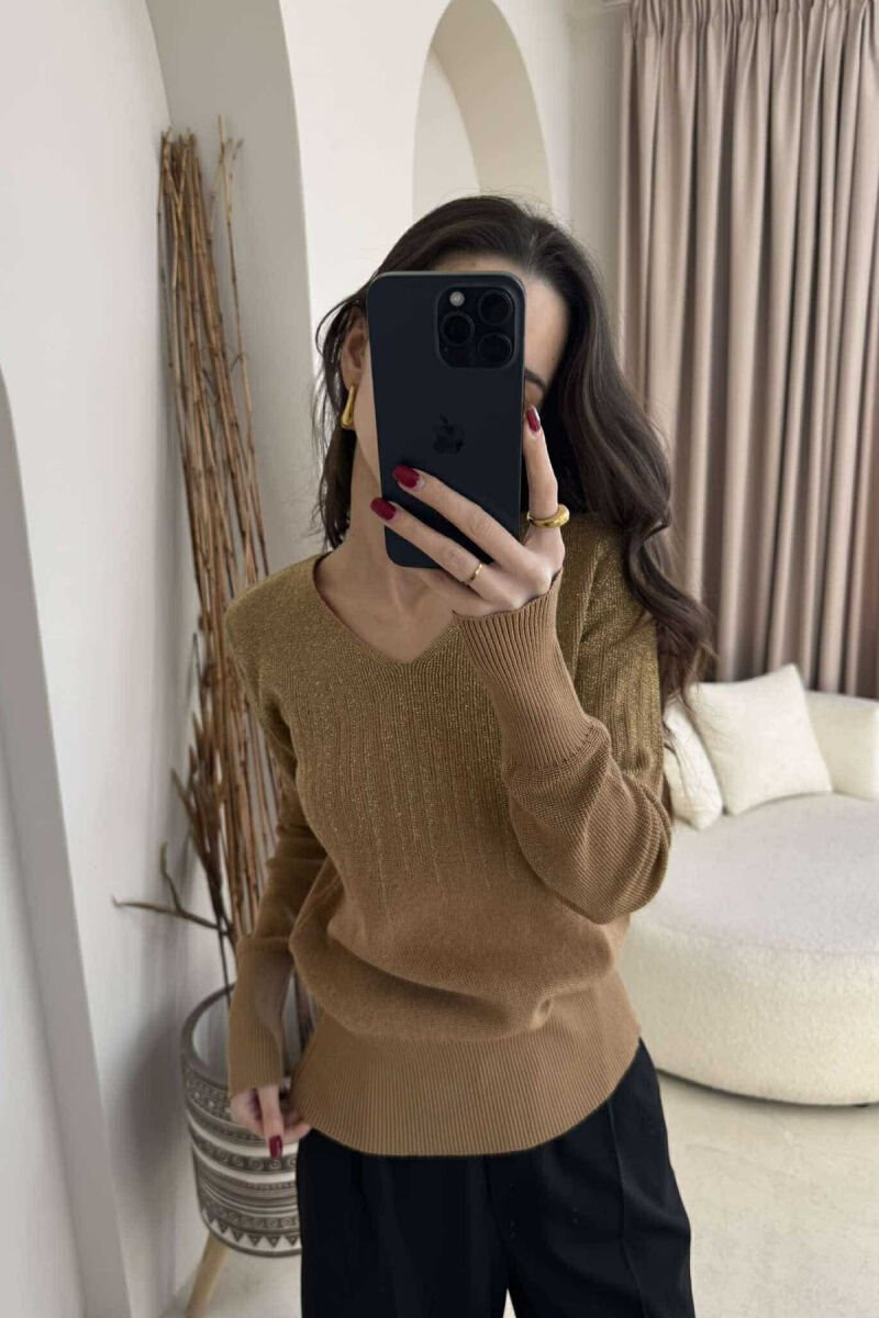SHINY MATERIAL SIMPLE WOMEN SWEATER BEIGE/BEZHE - 3