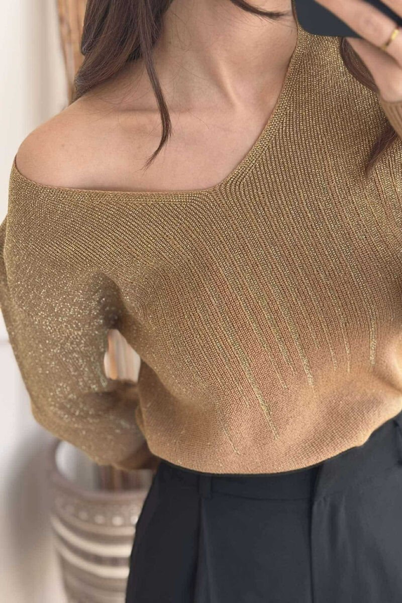 SHINY MATERIAL SIMPLE WOMEN SWEATER BEIGE/BEZHE - 4