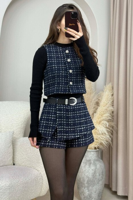 SHINY MATERIAL VEST+SKORT BELTED WOMEN SET DARK BLUE/BEE - 2