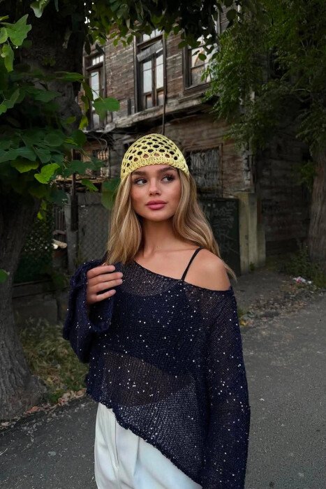 SHINY ONE COLOR CROPPED WOMAN BEACH KNIT COVER-UP BLACK/ E ZEZE - KLAUDIO FASHION