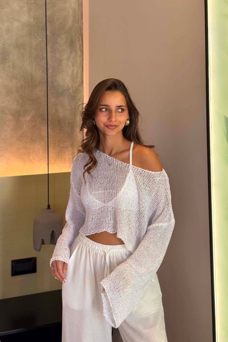 SHINY ONE COLOR CROPPED WOMAN BEACH KNIT COVER-UP WHITE-E BARDHE - 4