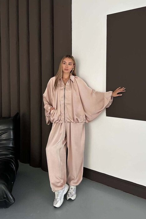 SHINY ONE COLOR JACKET + BALLON TROUSERS WOMAN SET BEIGE/BEZHE - KLAUDIO FASHION