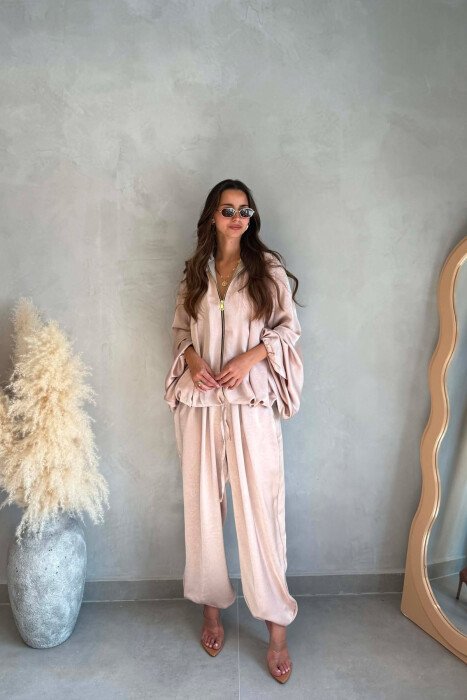 SHINY ONE COLOR JACKET + BALLON TROUSERS WOMAN SET BEIGE/BEZHE - 5
