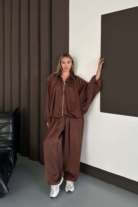SHINY ONE COLOR JACKET + BALLON TROUSERS WOMAN SET BROWN/KAFE - KLAUDIO FASHION
