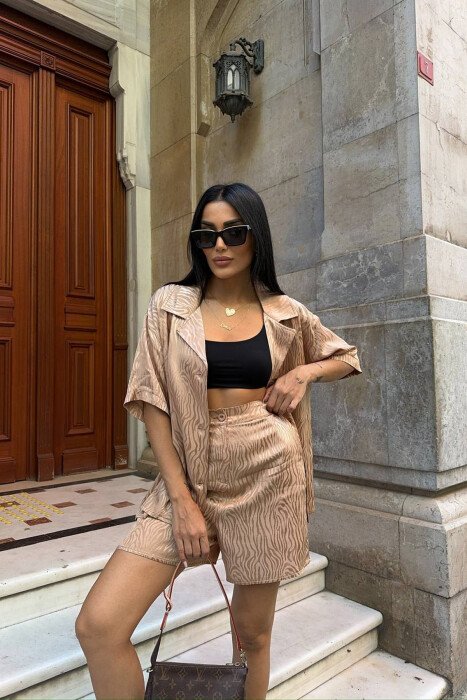 SHINY ONE COLOR SHORT SLEEVE SHIRT + SHORTS WOMAN SET BEIGE/BEZHE - 2