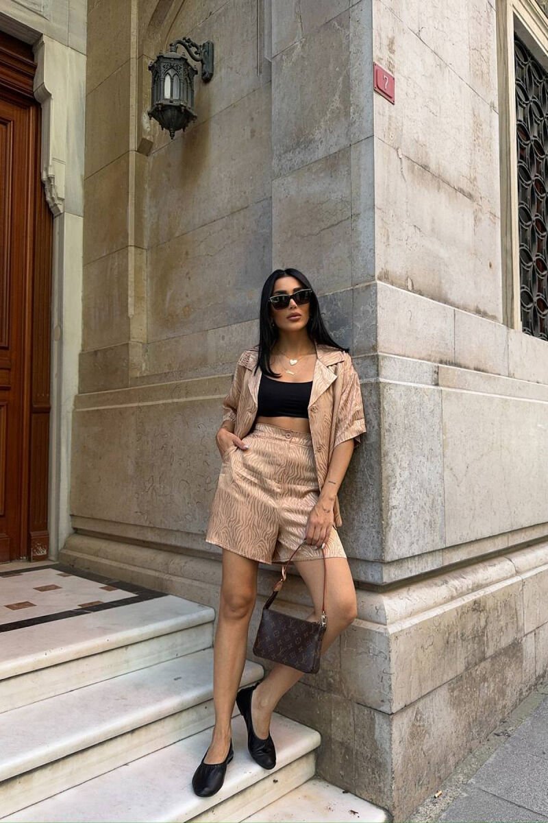 SHINY ONE COLOR SHORT SLEEVE SHIRT + SHORTS WOMAN SET BEIGE/BEZHE - 3