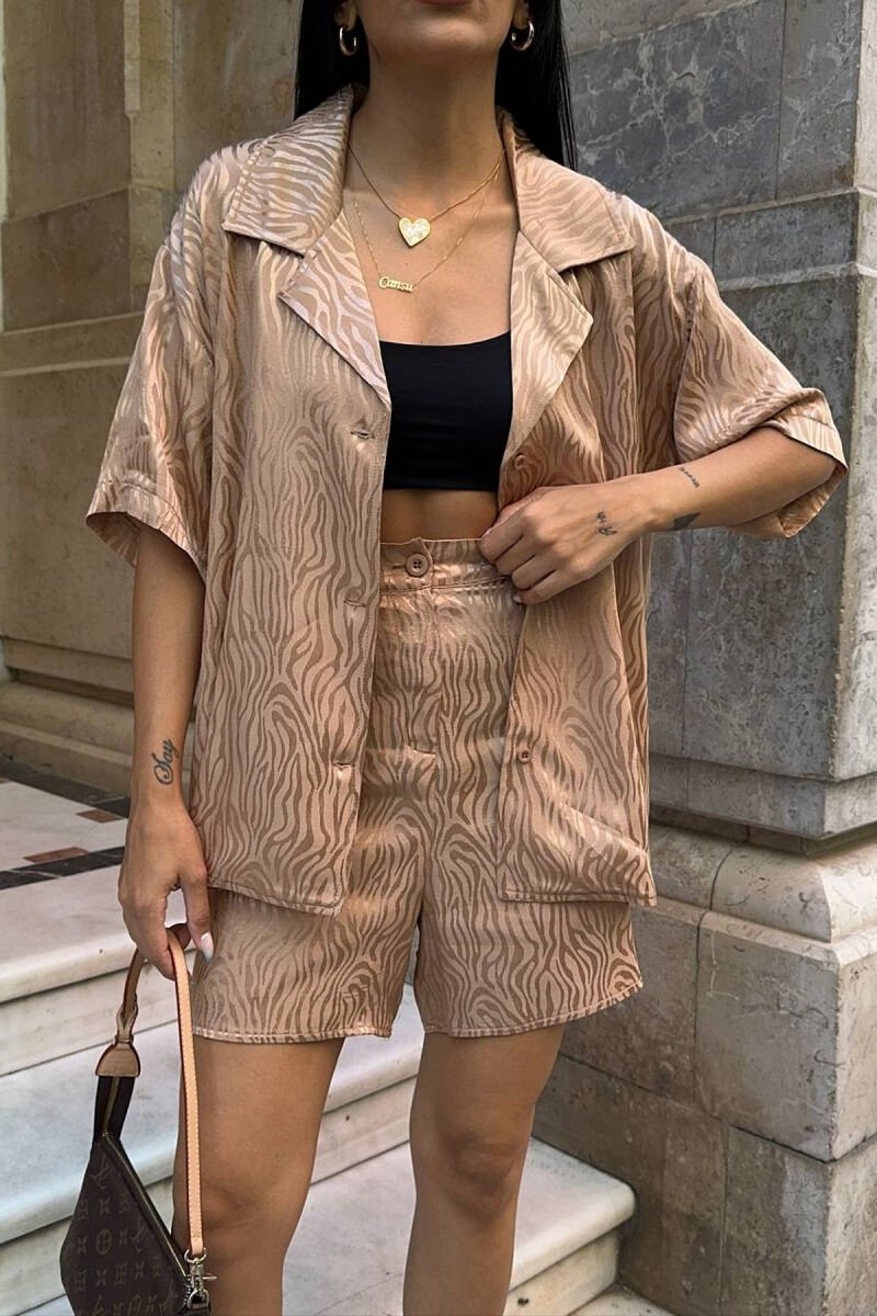 SHINY ONE COLOR SHORT SLEEVE SHIRT + SHORTS WOMAN SET BEIGE/BEZHE - 4