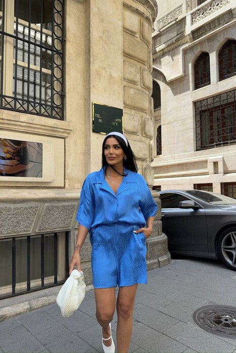 SHINY ONE COLOR SHORT SLEEVE SHIRT + SHORTS WOMAN SET BLUE/BLU - KLAUDIO FASHION