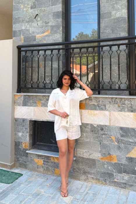 SHINY ONE COLOR SHORT SLEEVE SHIRT + SHORTS WOMAN SET WHITE-E BARDHE - KLAUDIO FASHION