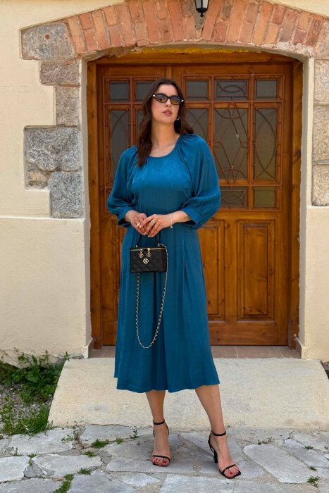 SHINY ONE COLOR WOMAN DRESS BLUE STONE/GK - KLAUDIO FASHION